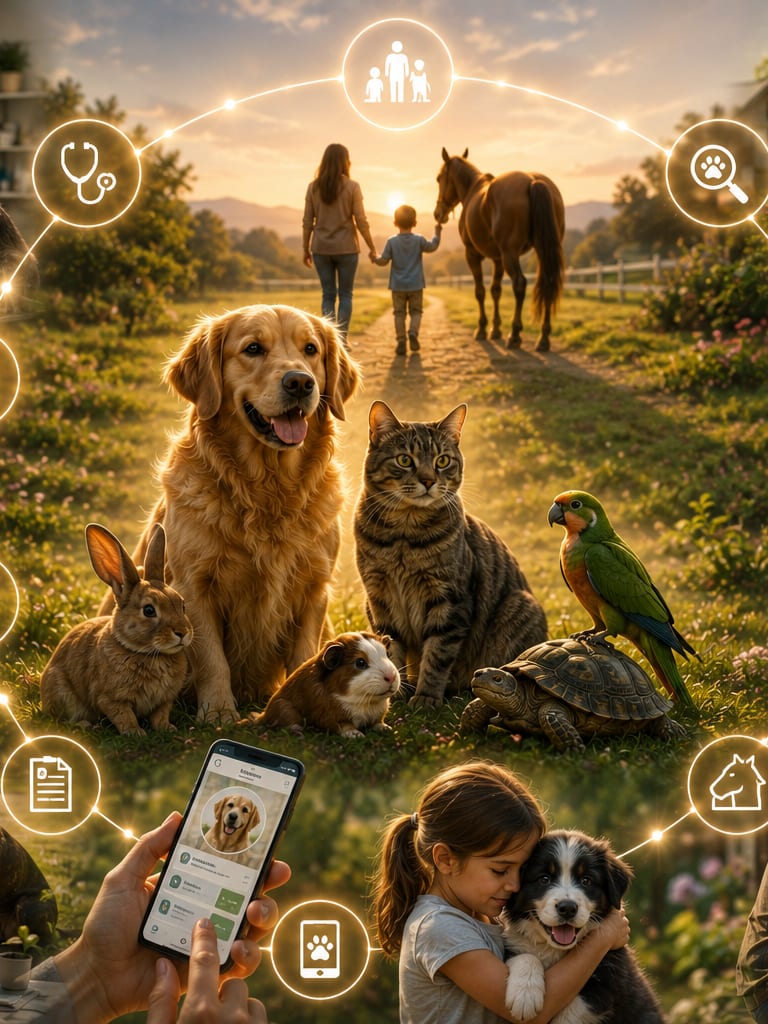 A golden retriever, tabby cat, rabbit, guinea pig, tortoise and parrot together in a meadow at sunrise, ringed by the people who care for animals — a veterinarian examining a dog, a shelter worker holding a rabbit, an animal-control officer, a family walking with a horse, a child hugging a puppy, and an owner checking their animal’s records on a phone — all joined by a glowing connected ring.